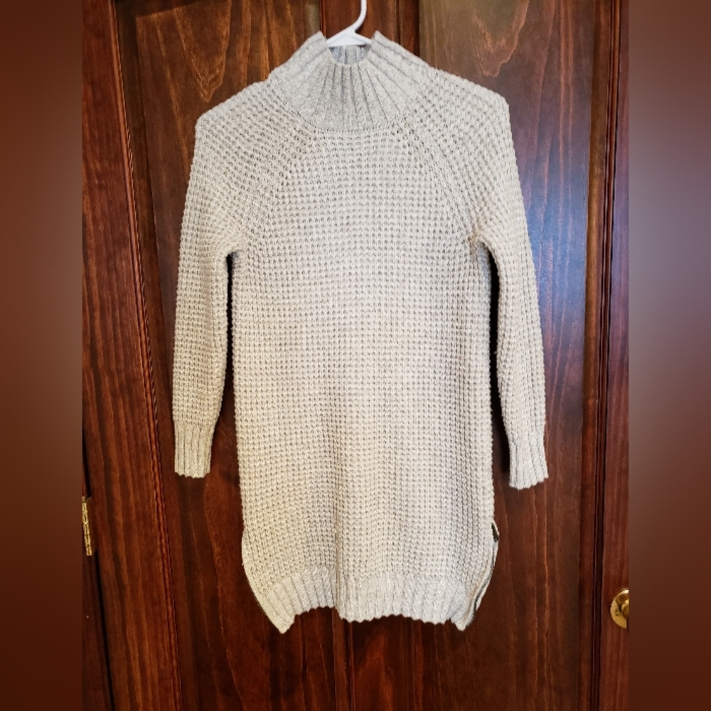 American Eagle Gray Knit Sweater Mock Neck 3/4 Sleeve Side Zipper Size M